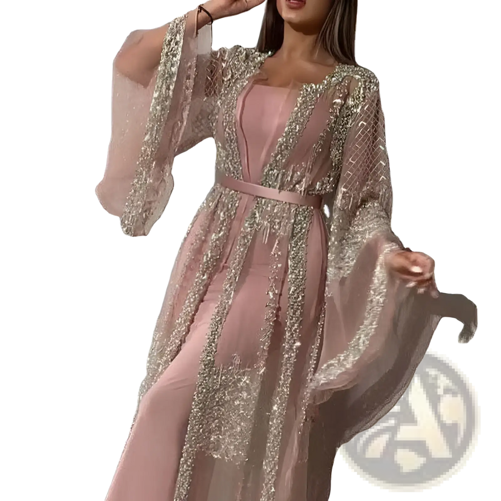 A flowing pink embellished lace v neck chinese retro evening gown with sheer embellished sleeves and a matching belt