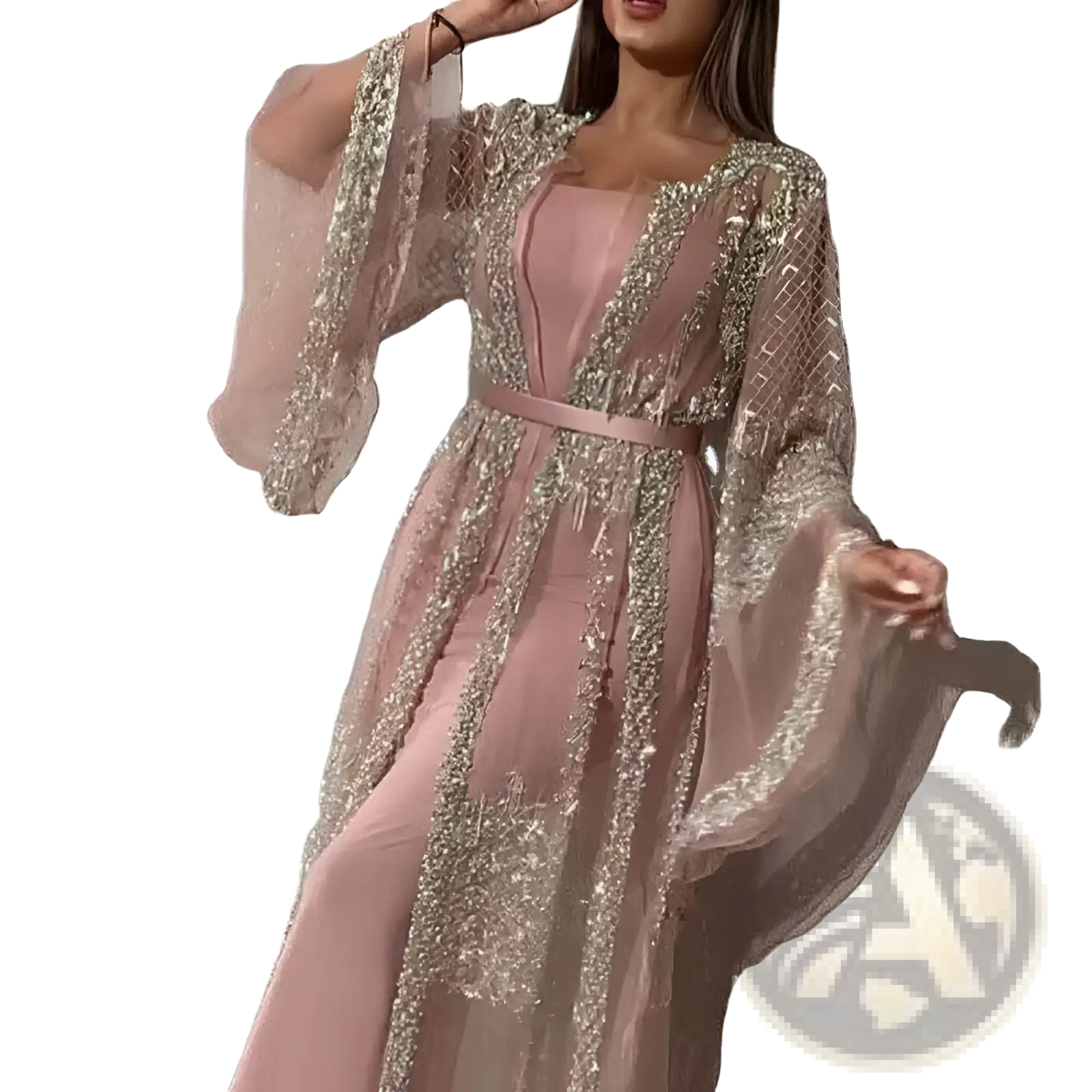 A flowing pink embellished lace v neck chinese retro evening gown with sheer embellished sleeves and a matching belt