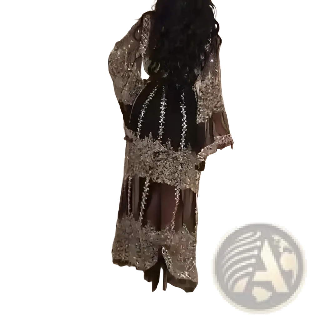 Embellished lace v neck Chinese retro evening gown in black and silver with sheer sleeves and intricate beaded detailing