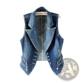 Blue denim vest with tailored blazer collar front buttons and side zippers featuring decorative heart key charms