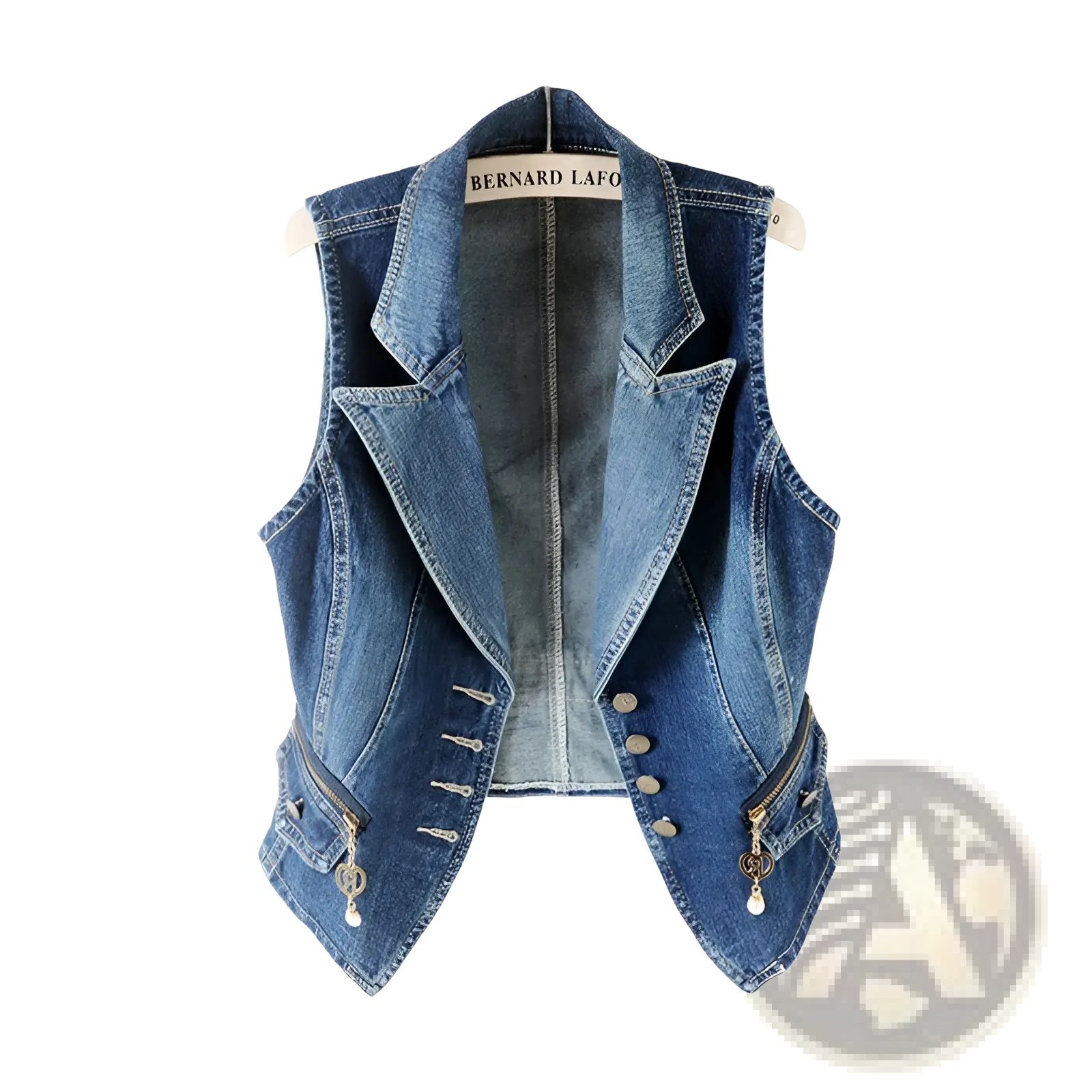 Blue denim vest with tailored blazer collar front buttons and side zippers featuring decorative heart key charms