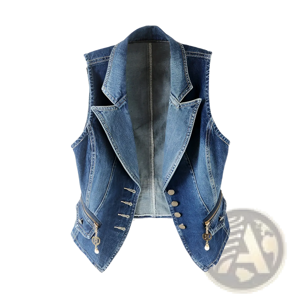 Blue denim vest with tailored collar front button closure and decorative zippers featuring heart charm zipper pulls