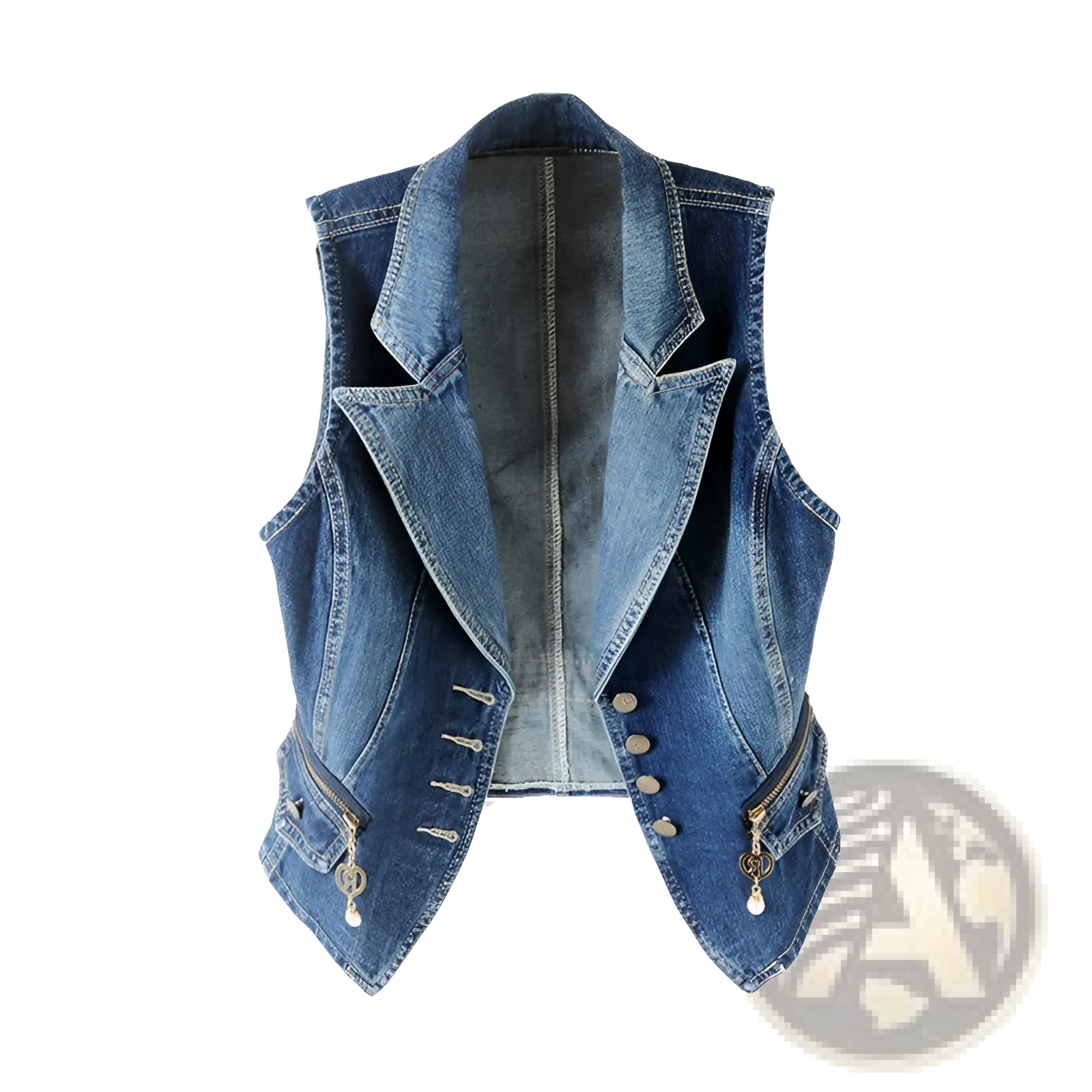 Blue denim vest with tailored collar front button closure and decorative zippers featuring heart charm zipper pulls