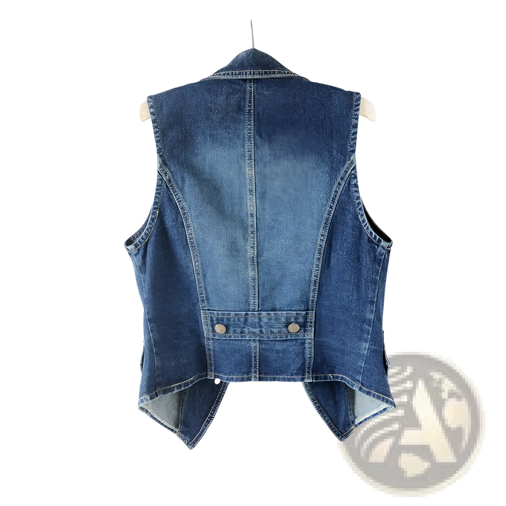 Blue denim vest with classic collar and buttoned back closure shown from the back in embellished tailored style