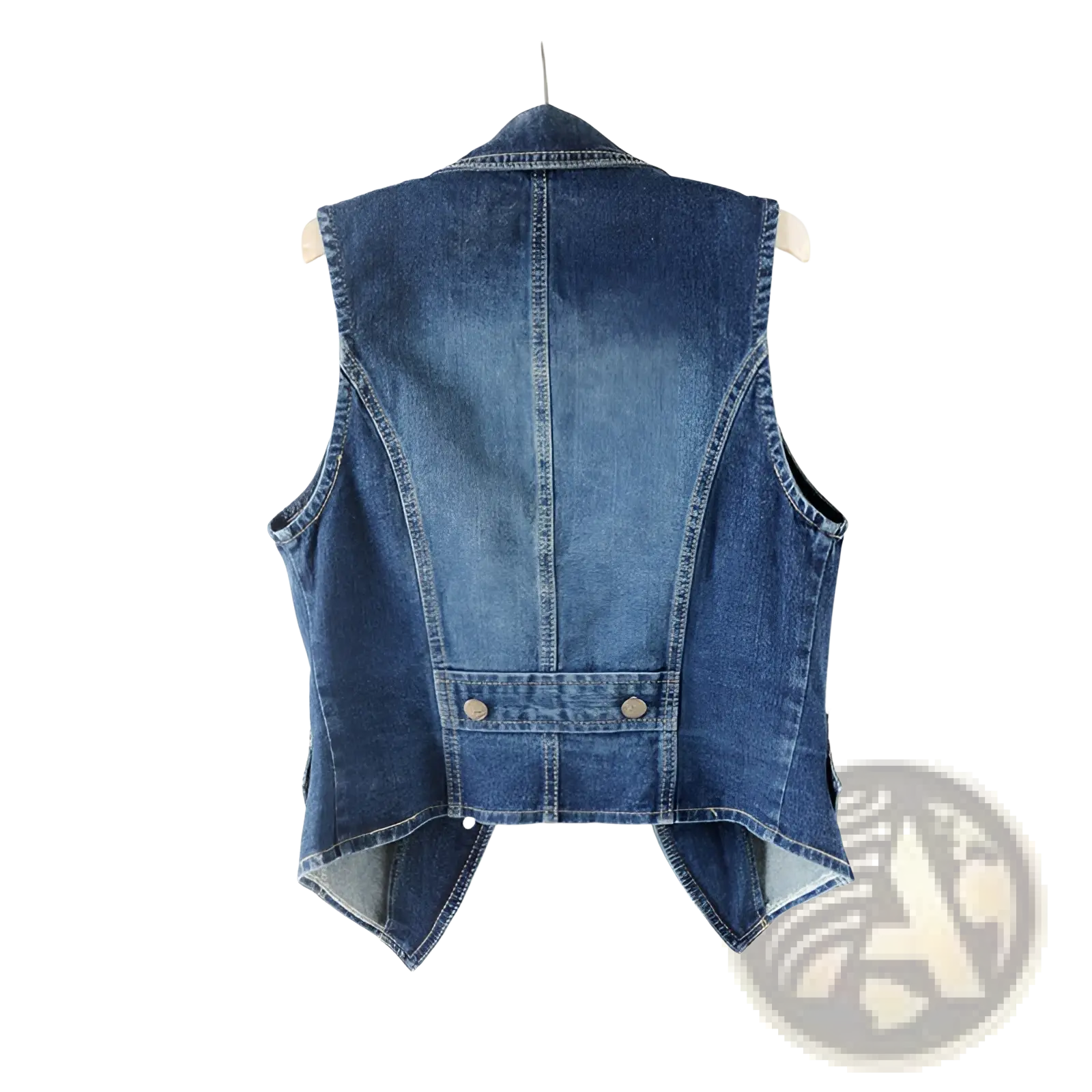 Blue denim vest with classic collar and buttoned back closure shown from the back in embellished tailored style