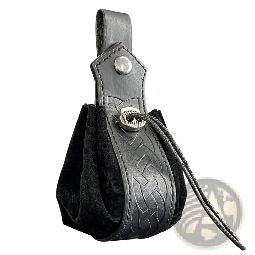 Black leather embossed celtic knot viking sling bag with silver-toned toggle closure and skull clasp