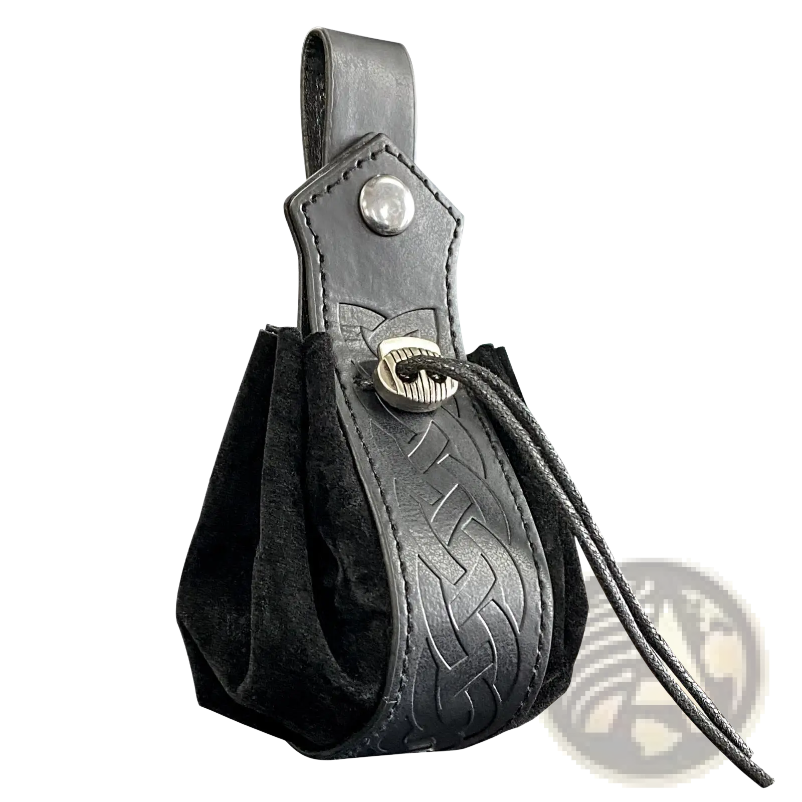 Black leather embossed celtic knot viking sling bag with silver-toned toggle closure and skull clasp
