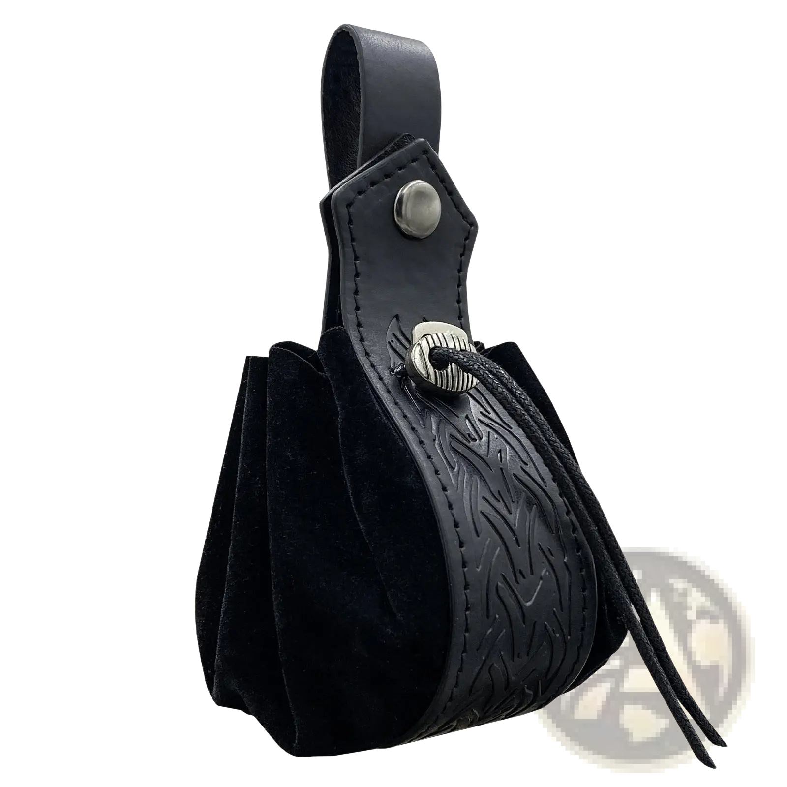 Black leather embossed celtic knot viking sling bag with leaf pattern and silver-toned metal skull clasp