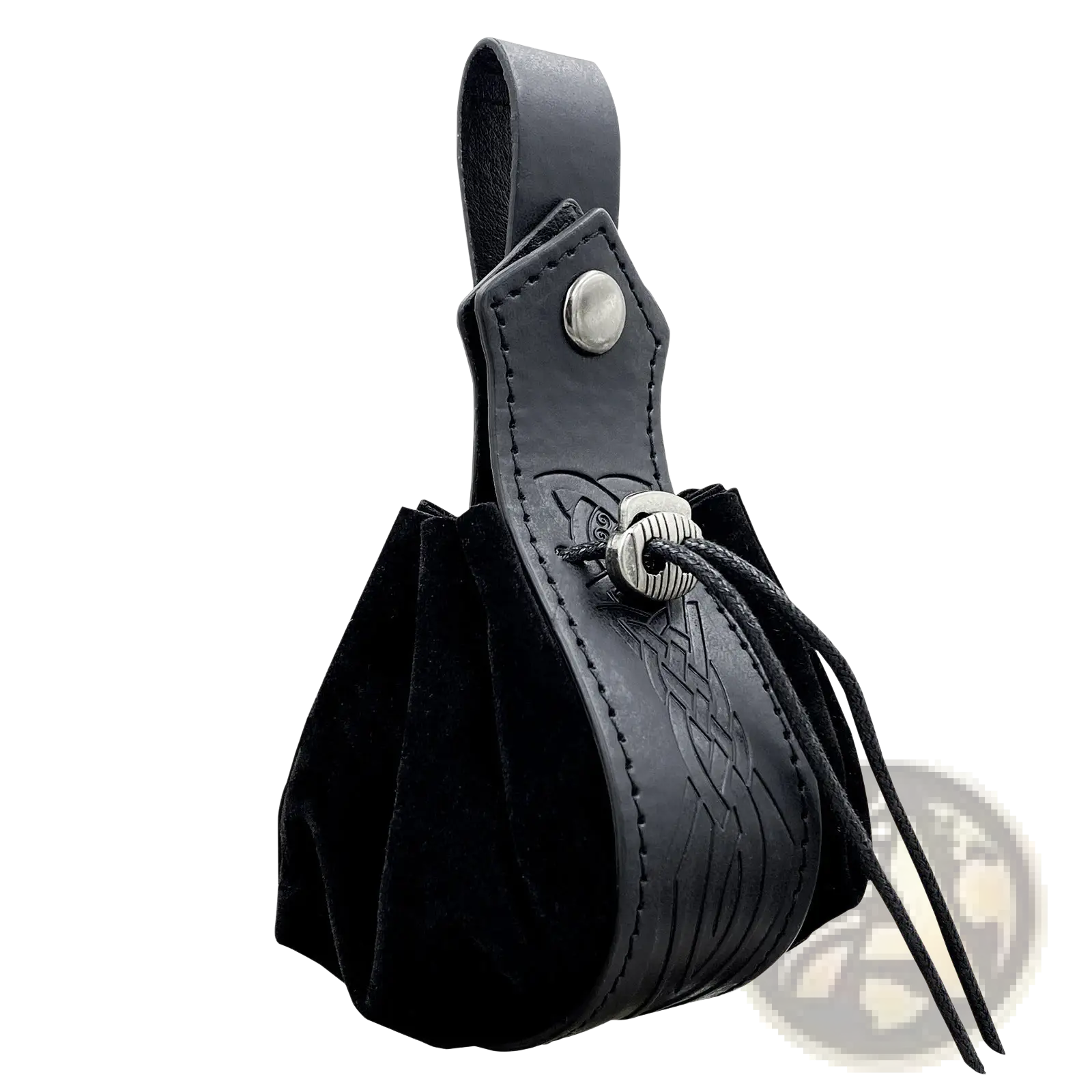 Black leather viking-style sling bag with embossed celtic knotwork and silver-toned skull clasp accents
