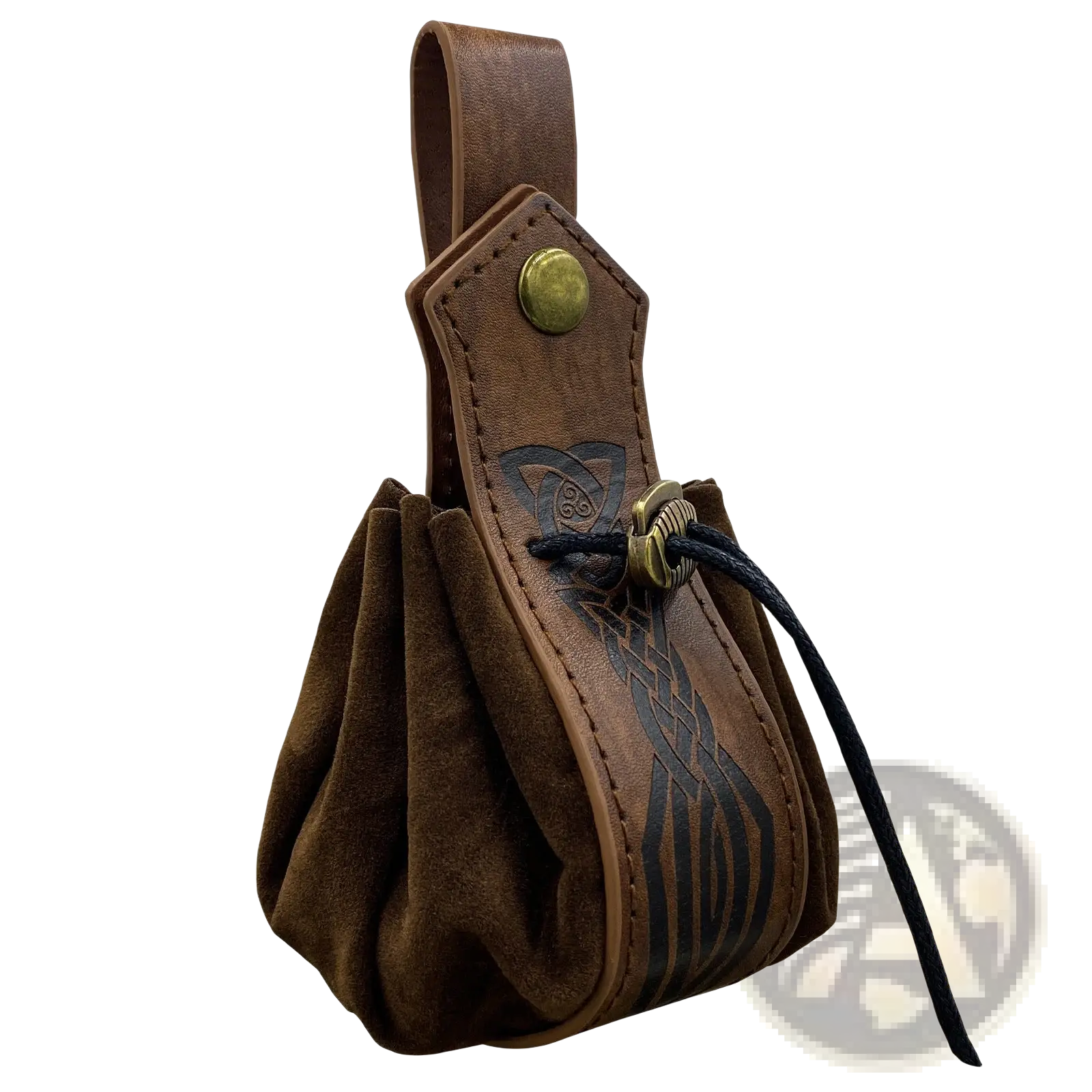 Brown leather viking-style sling bag embossed with celtic knotwork and brass toggle closure with skull clasp