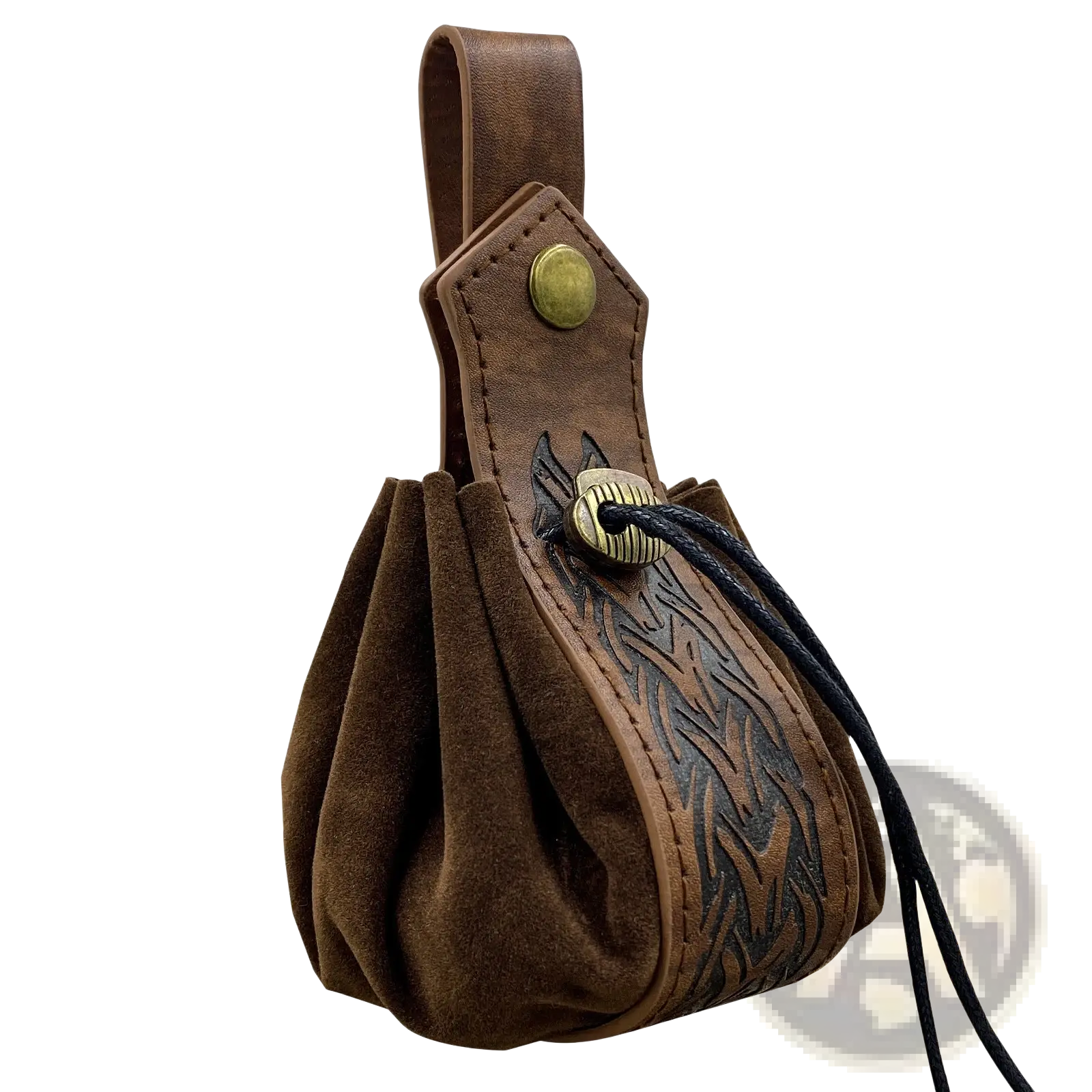 Brown leather viking sling bag with embossed dragon design and brass skull clasp hardware