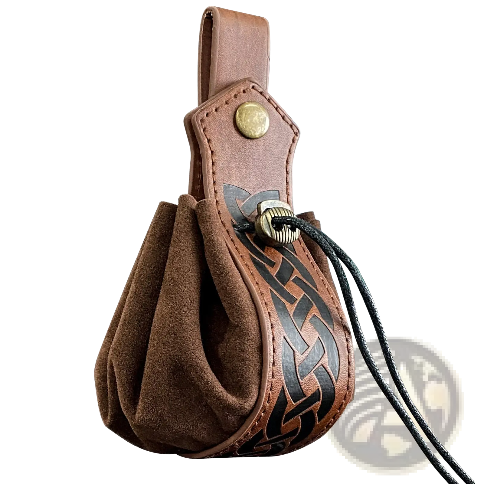 Brown leather sling bag with suede interior featuring embossed celtic knot design and black drawstring closure