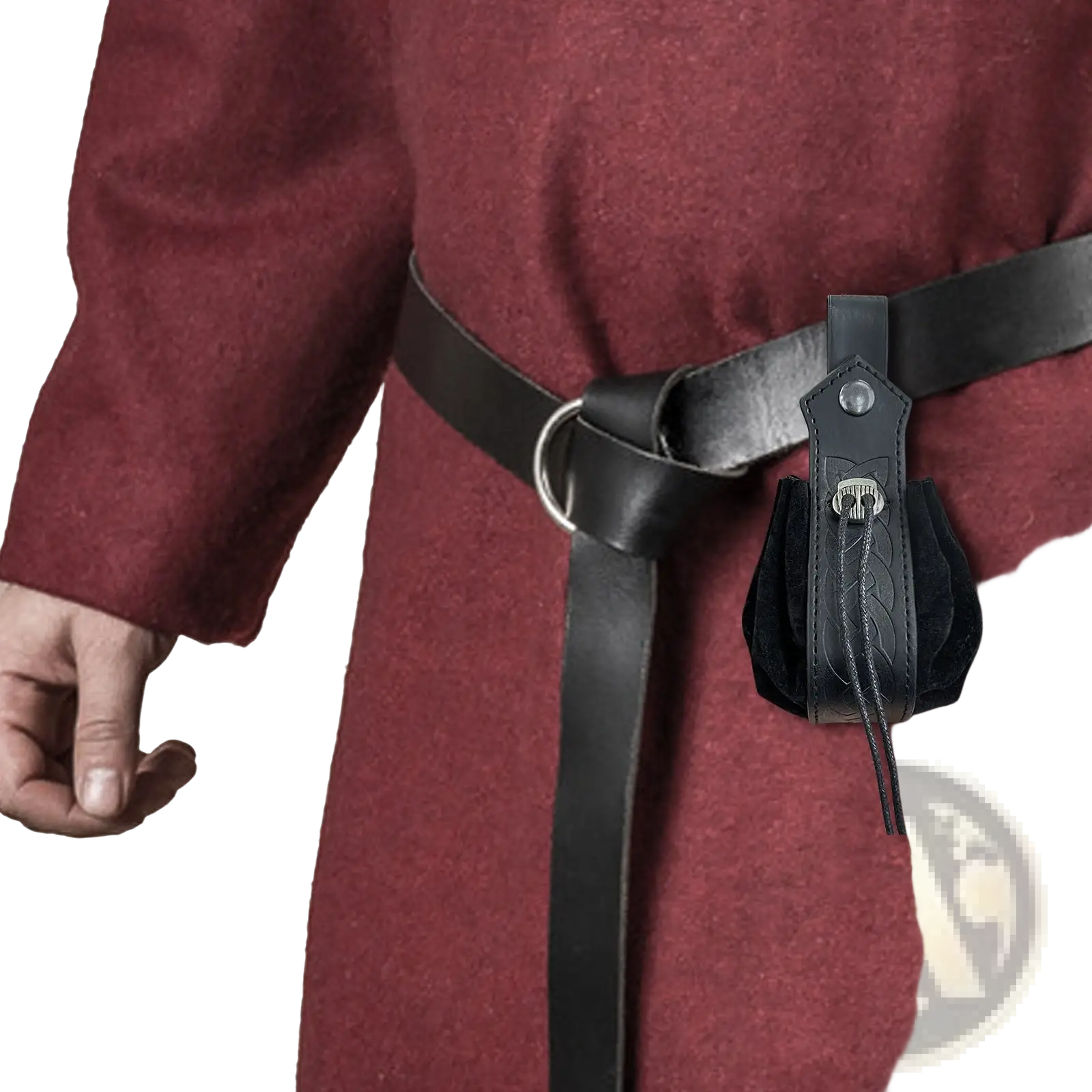 Black leather embossed celtic knot viking sling bag with silver skull clasp and decorative stitching attached to black belt