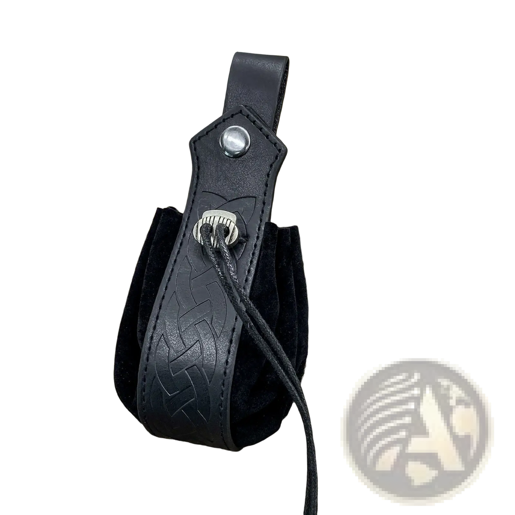 Black leather embossed celtic knot viking sling bag with suede interior and silver-toned skull clasp closure