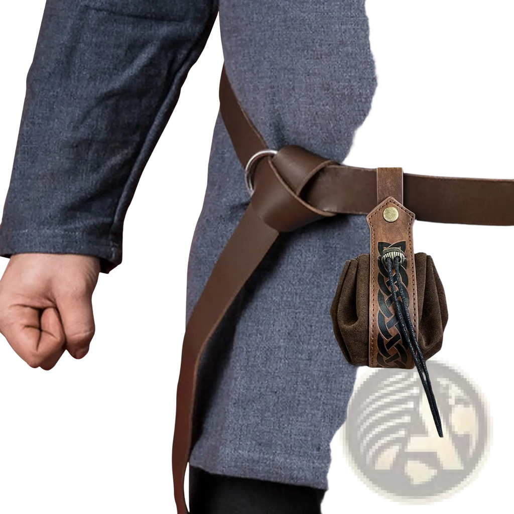 Brown leather pouch with black braided cord and metallic skull clasp attached to matching belt of celtic knot viking sling bag