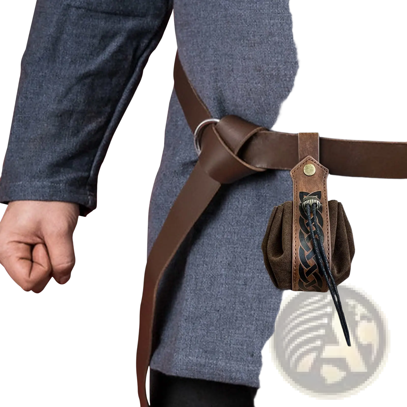 Brown leather pouch with black braided cord and metallic skull clasp attached to matching belt of celtic knot viking sling bag