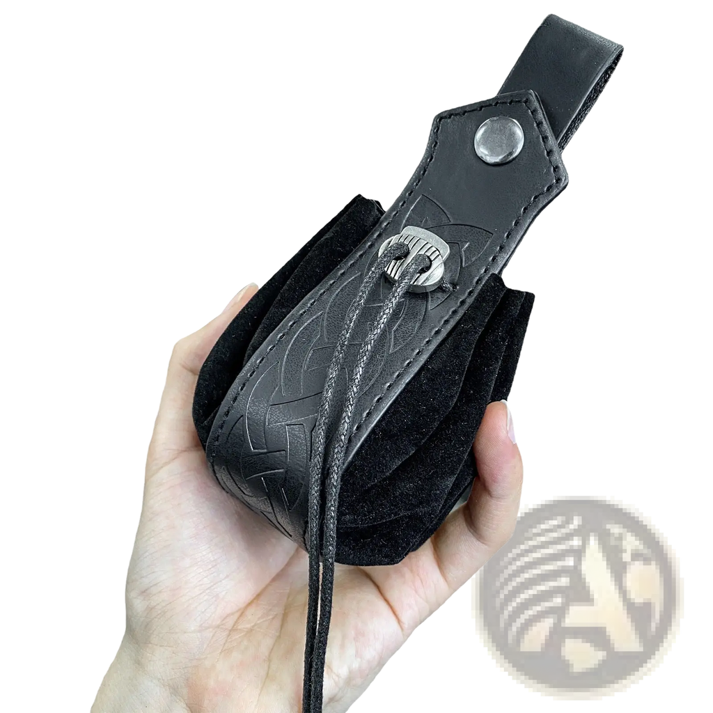Black leather wallet with embossed celtic knot pattern and silver skull clasp from viking leather sling bag collection