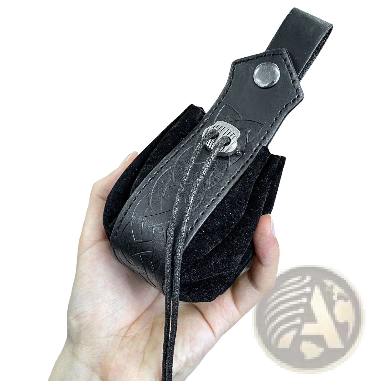 Black leather wallet with embossed celtic knot pattern and silver skull clasp from viking leather sling bag collection