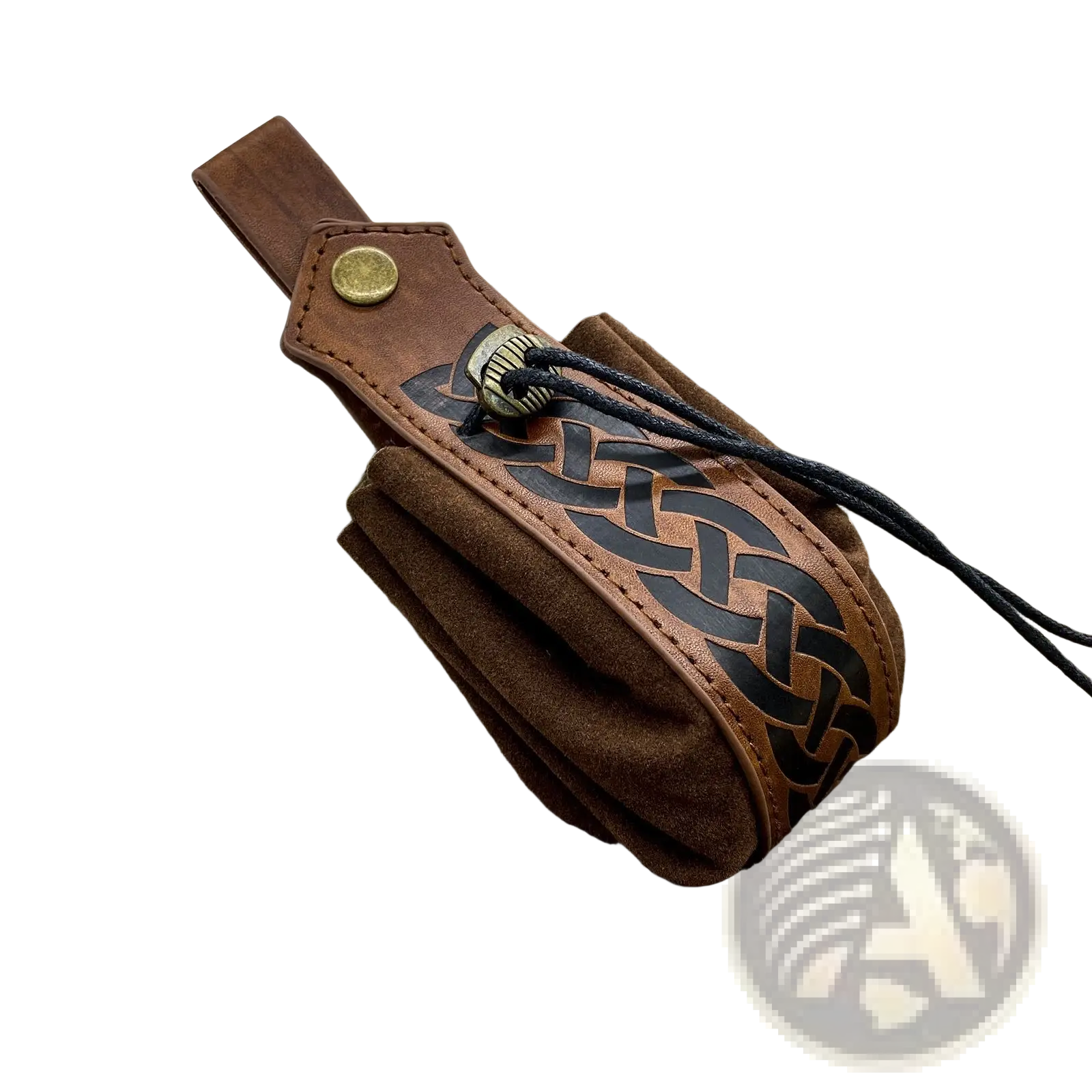 Brown leather embossed celtic knot viking sling bag with black embroidery and brass toggle closure