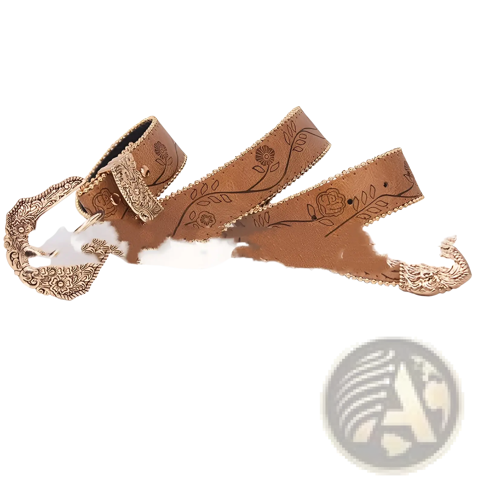 Embossed floral women leather belt in brown with ornate gold toned metal buckle and detailed floral embossing