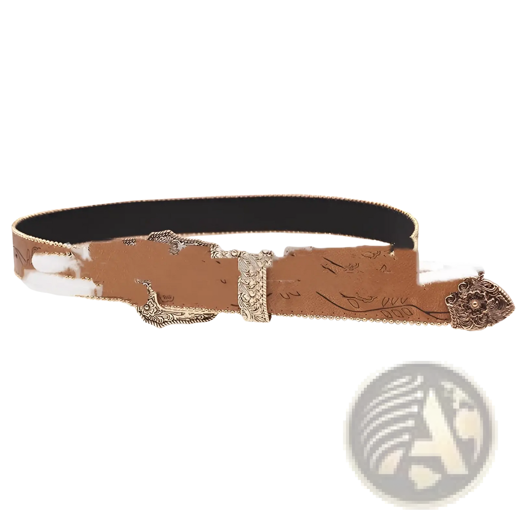 Embossed floral women leather belt in brown with ornate silver-toned metal buckle and decorative floral patterns