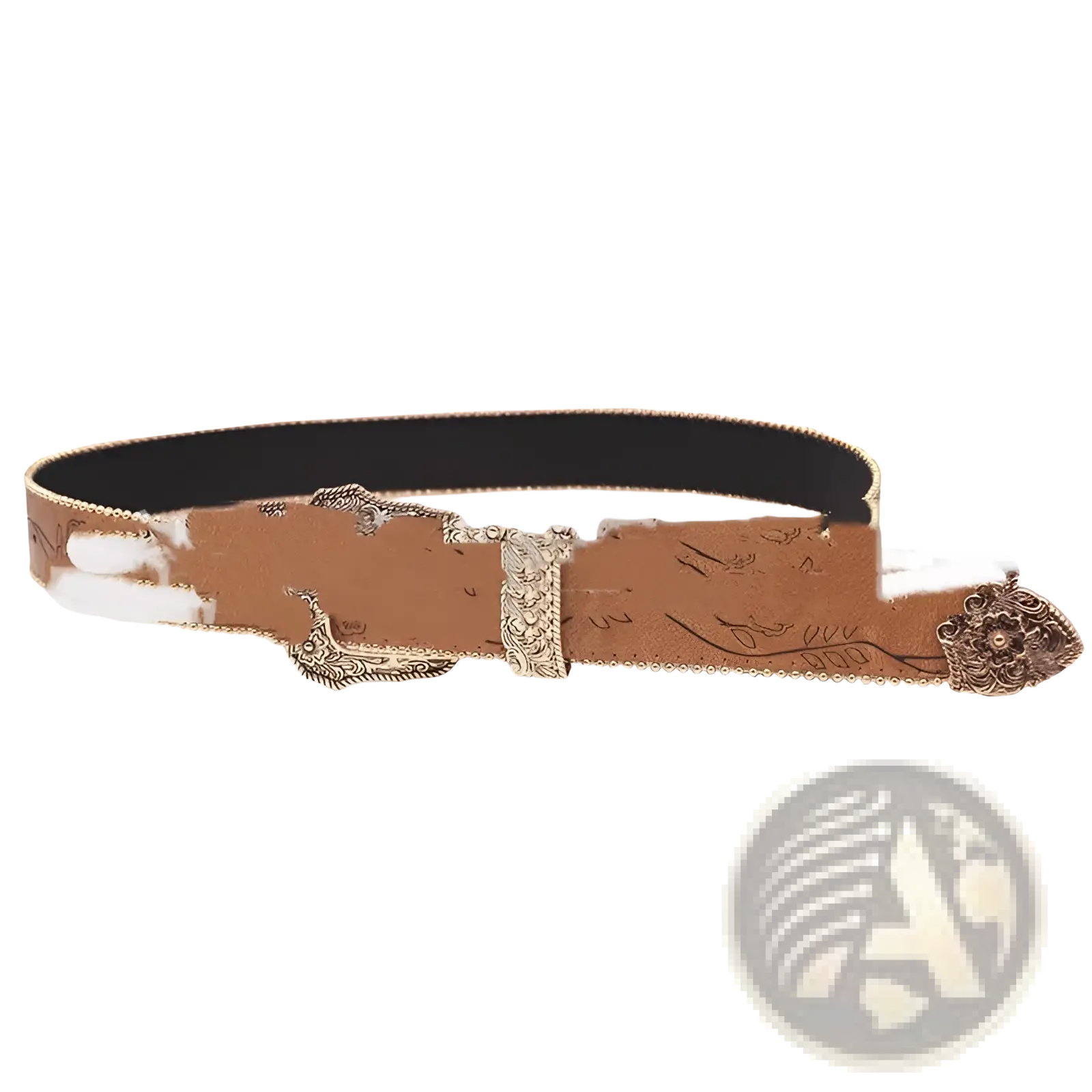 Embossed floral women leather belt in brown with ornate silver-toned metal buckle and decorative floral patterns