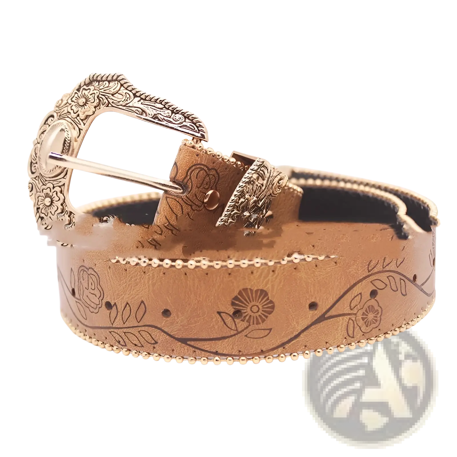Embossed floral women leather belt in tan with floral embossed design and gold-toned metal buckle with flower patterns