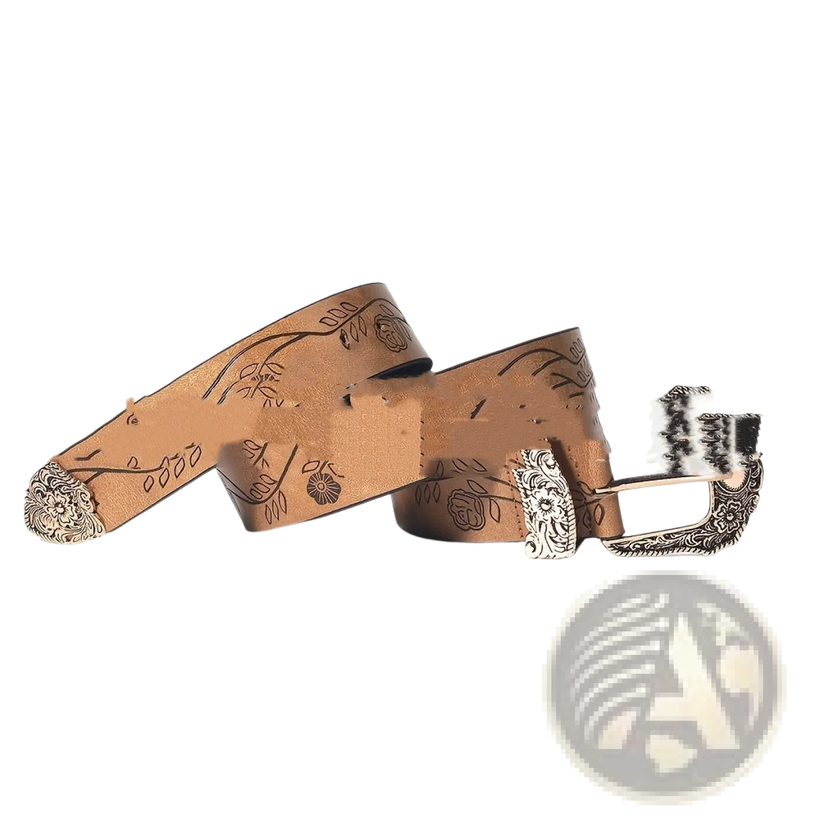 Embossed floral women leather belt in tan with intricate black floral etchings and ornate silver-toned buckle