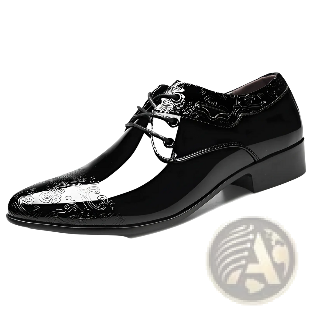 Black patent leather men’s formal business shoe with glossy finish and embossed cloud patterns on toe cap vamp and collar