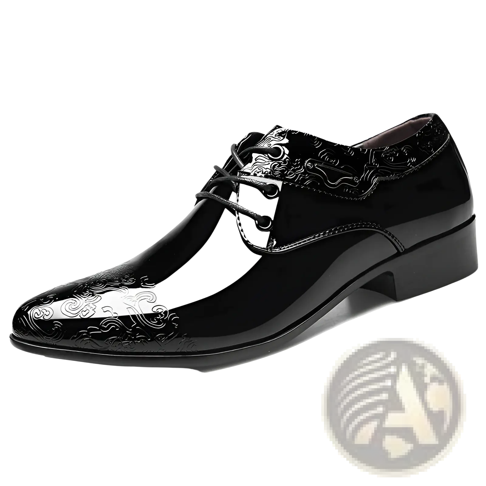 Black patent leather men’s formal business shoe with glossy finish and embossed cloud patterns on toe cap vamp and collar