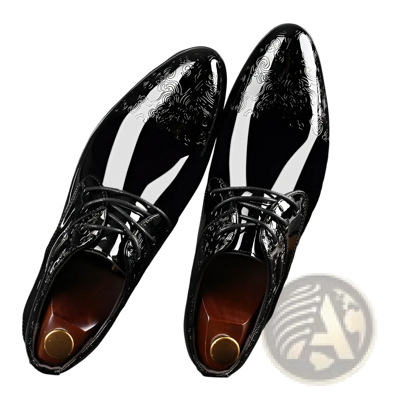 Embossed patent leather men’s formal business shoes in black with a glossy finish and intricate white swirl toe patterns