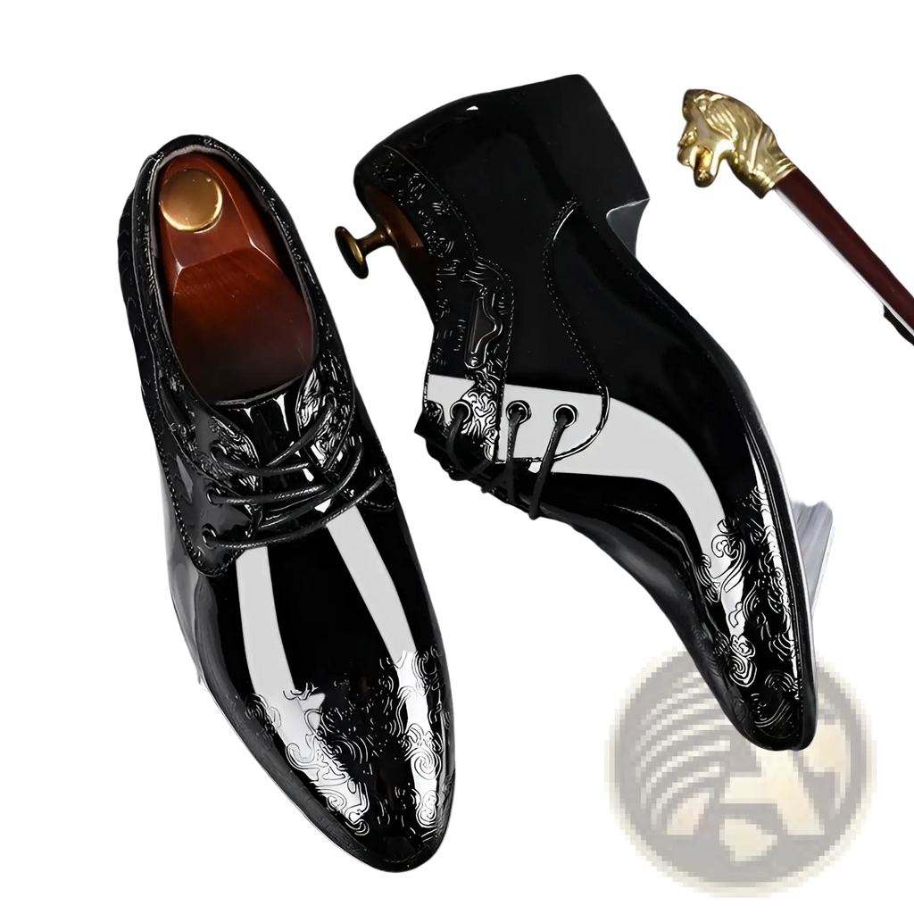 Embossed patent leather men’s formal business shoes in black with white stripe accents and silver detailing