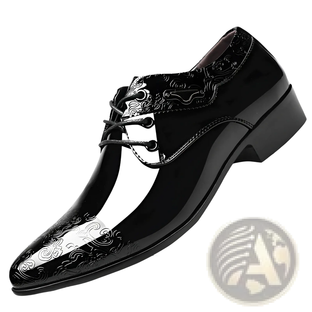 Black patent leather men’s formal business shoe with glossy finish and intricate silver embossed cloud patterns
