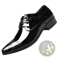 Black patent leather men’s formal business shoe with glossy finish and intricate silver embossed cloud patterns