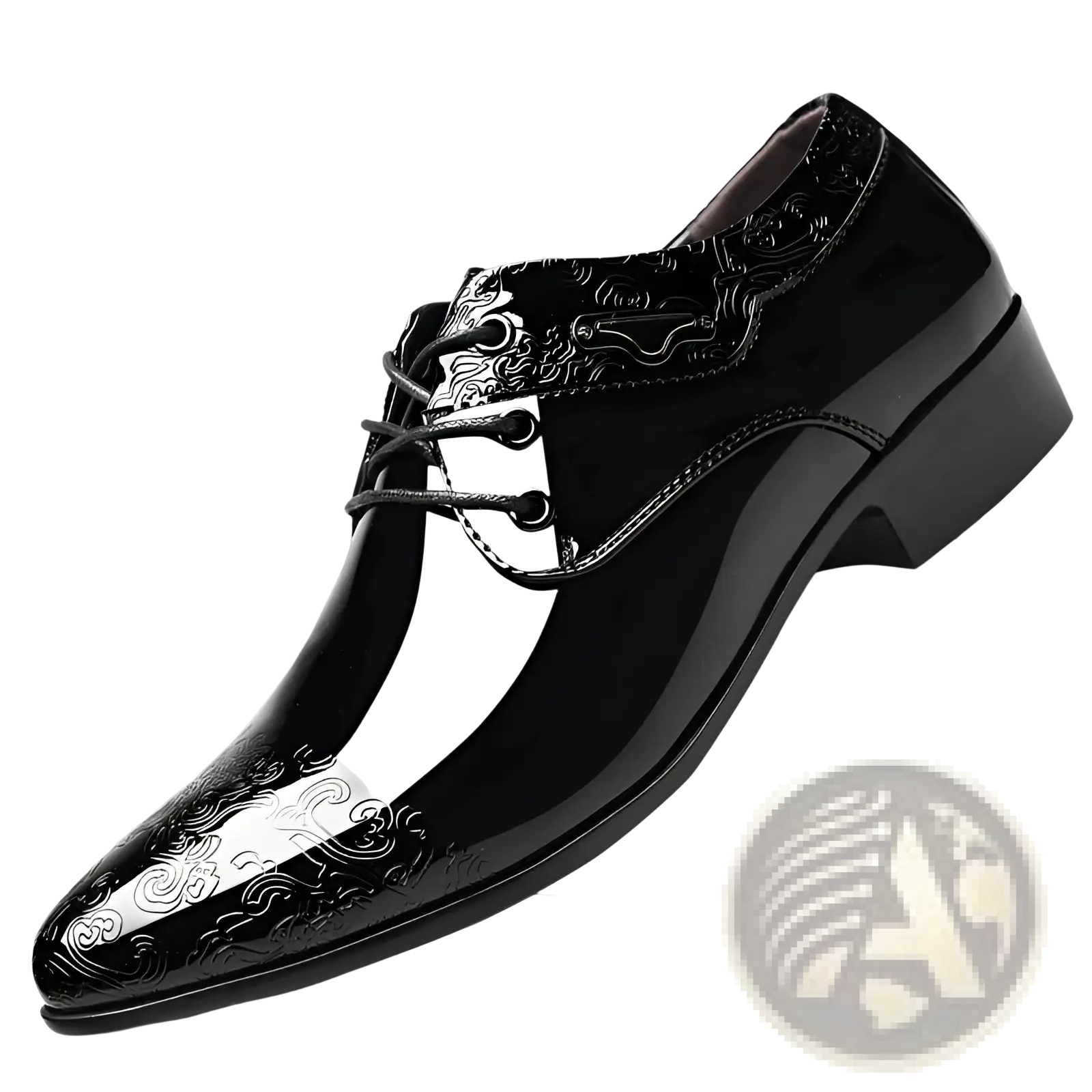 Black patent leather men’s formal business shoe with glossy finish and intricate silver embossed cloud patterns