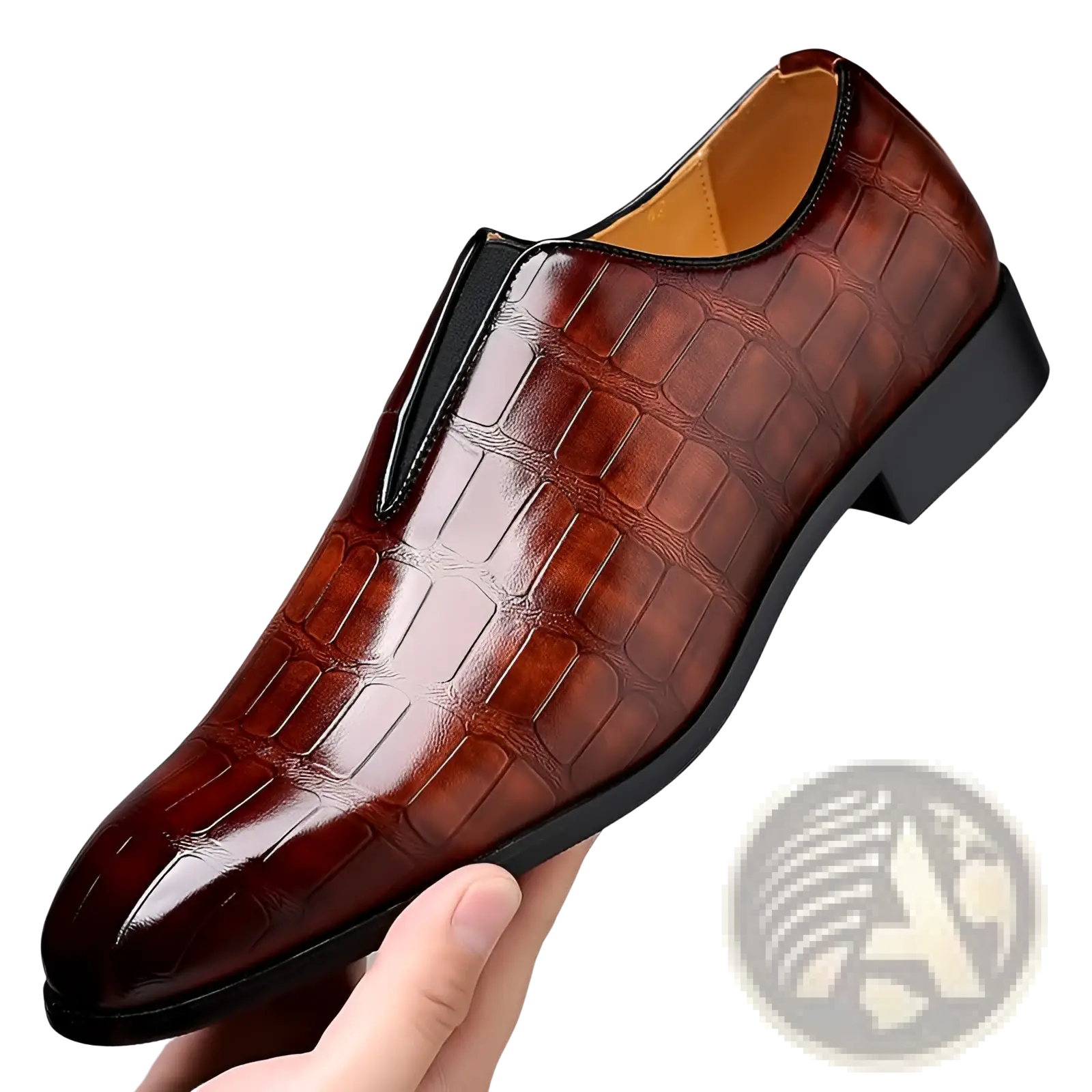 A polished brown crocodile-patterned leather slip-on loafer with black sole and trim embossed stone pattern