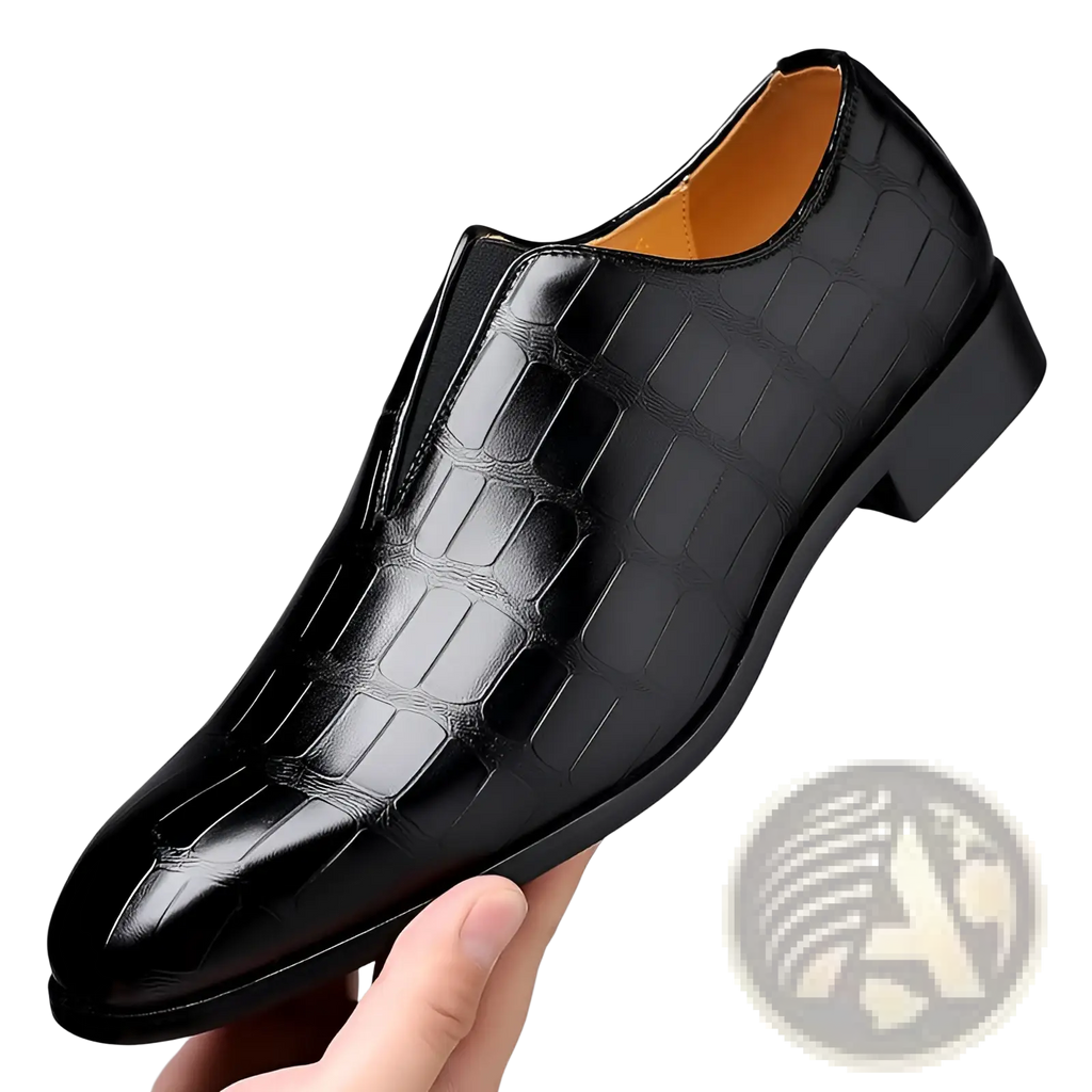 Black crocodile-embossed leather slip-on men’s dress shoe with polished finish and tan interior lining