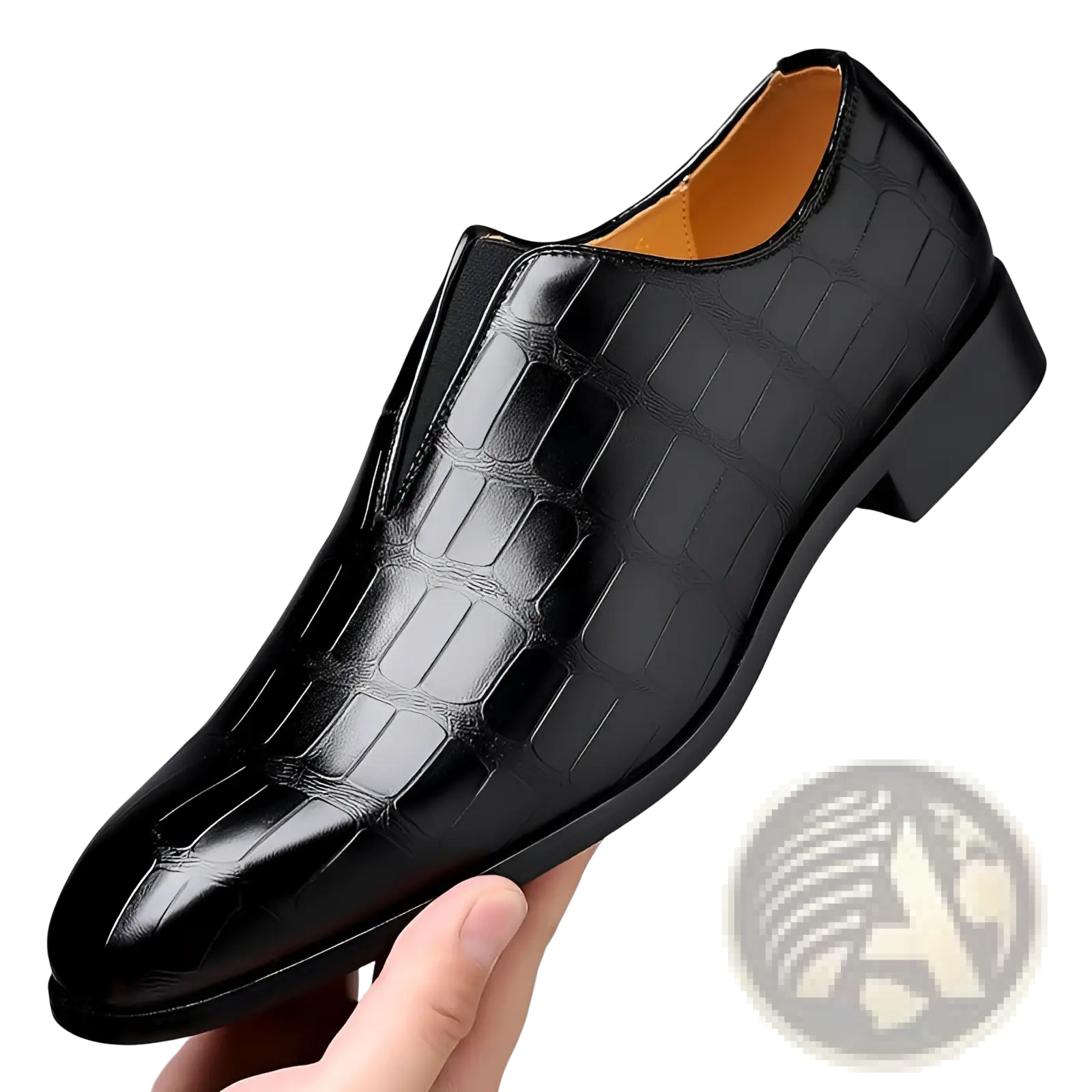 Black crocodile-embossed leather slip-on men’s dress shoe with polished finish and tan interior lining