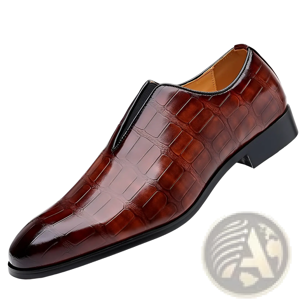 Brown embossed stone pattern slip on leather loafers with crocodile texture black sole and trim for men