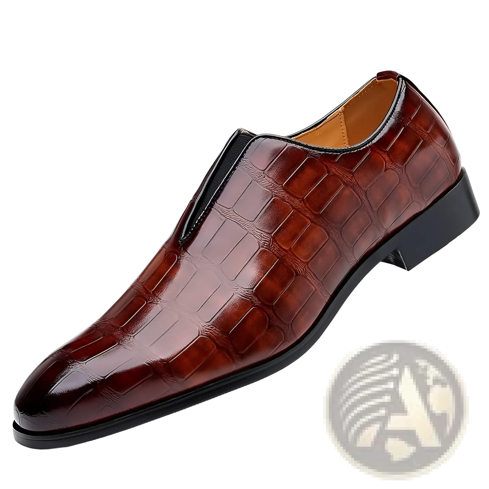 Brown embossed stone pattern slip on leather loafers with crocodile texture black sole and trim for men