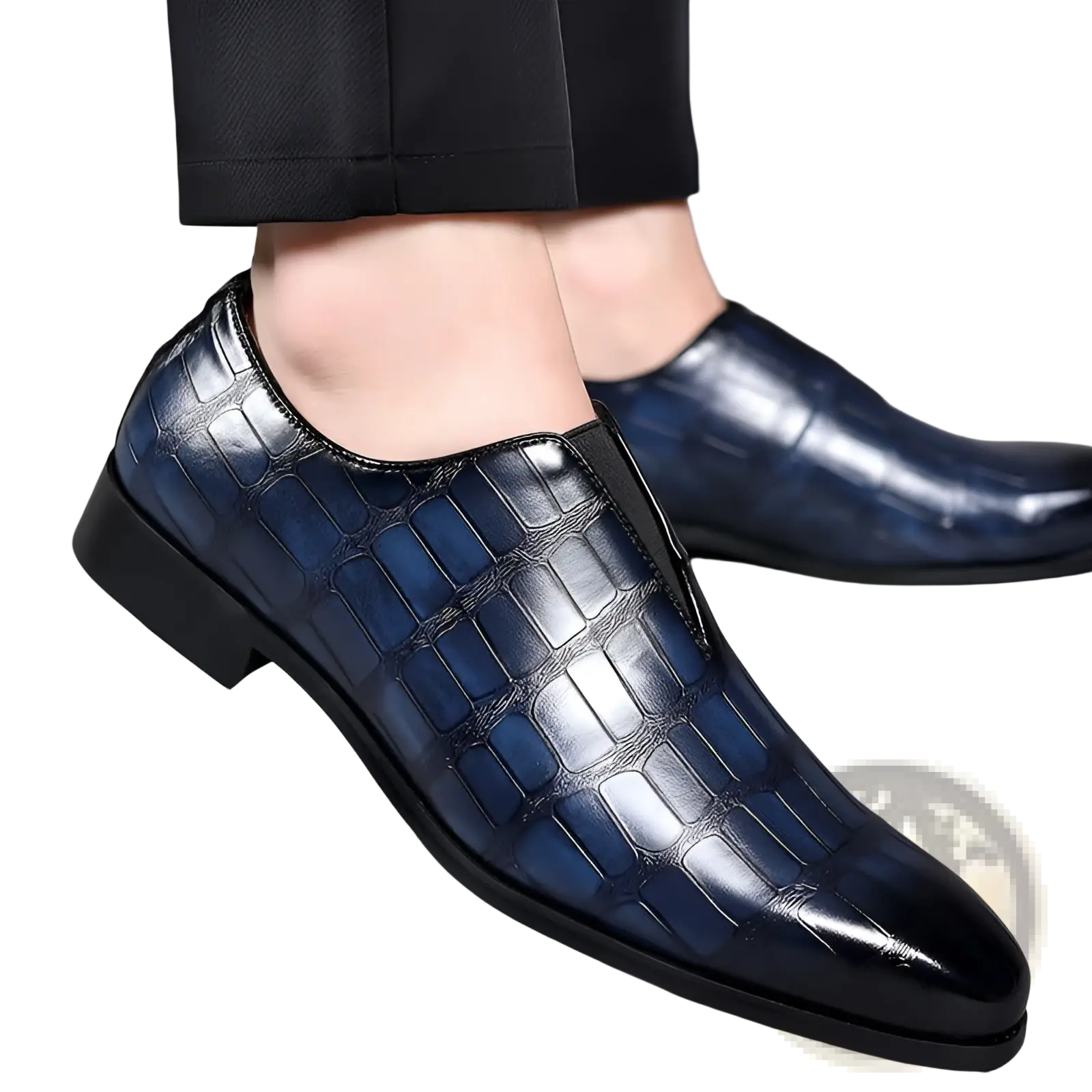Embossed stone pattern slip on leather loafers in dark blue crocodile leather with polished finish and black rubber soles