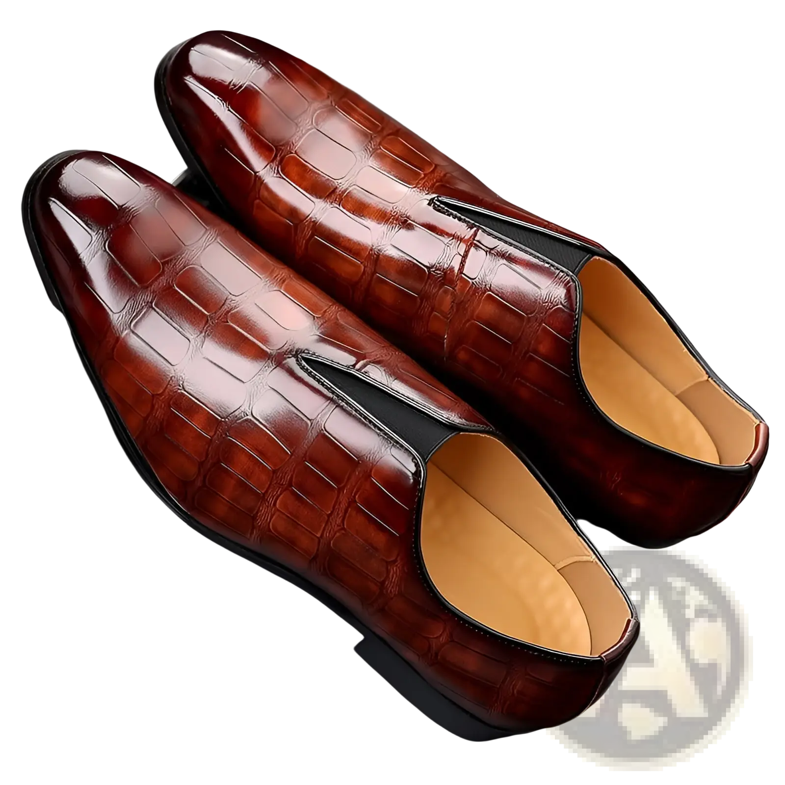 Pair of rich brown crocodile-embossed leather slip-on dress shoes with black trim and tan lining