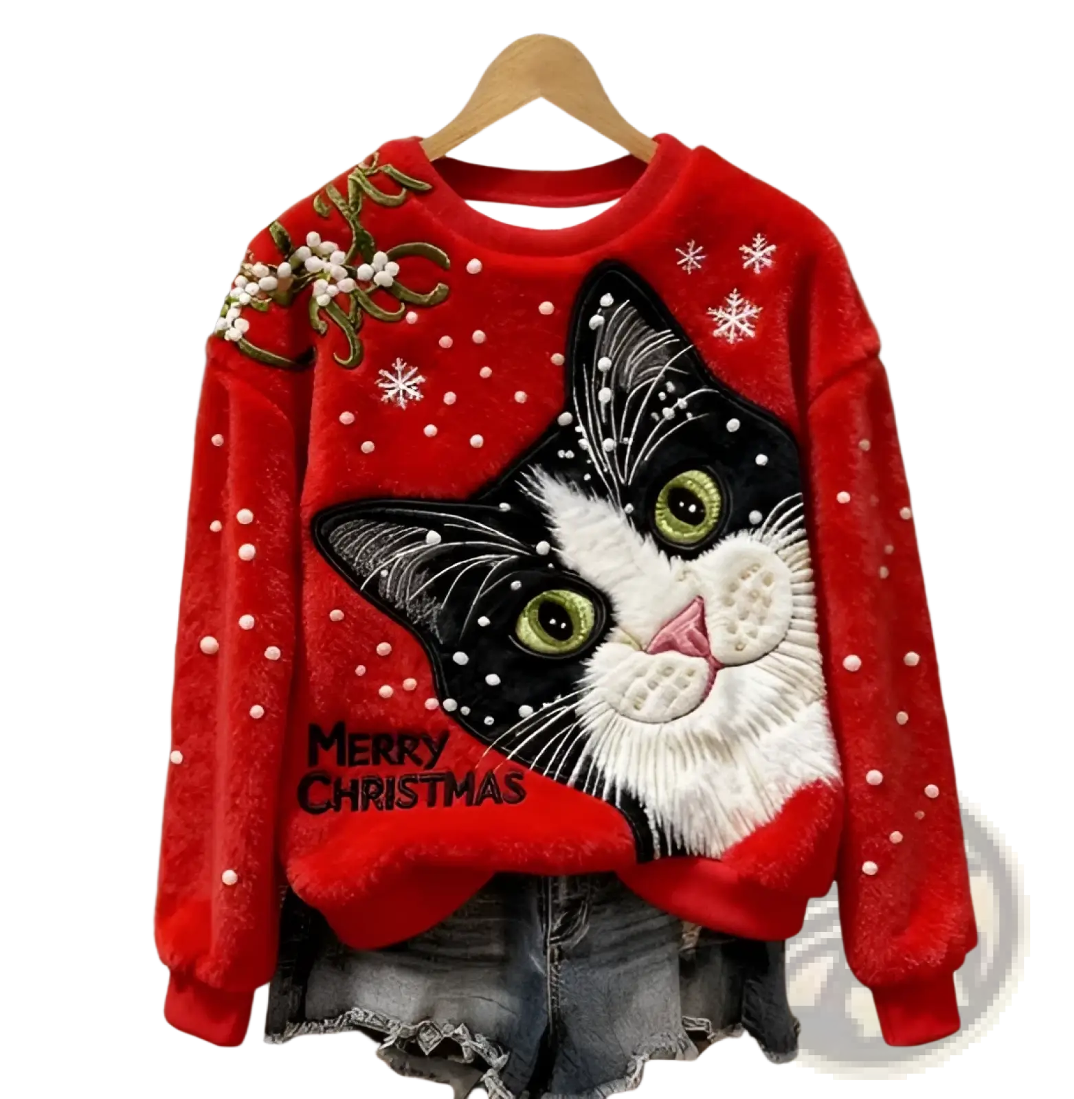 Red embroidered animal Christmas crewneck sweater featuring a black and white cat with green eyes and festive embellishments