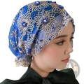 A vibrant royal blue embroidered beaded lace hijab hat with intricate silver lace and deep blue floral bead patterns