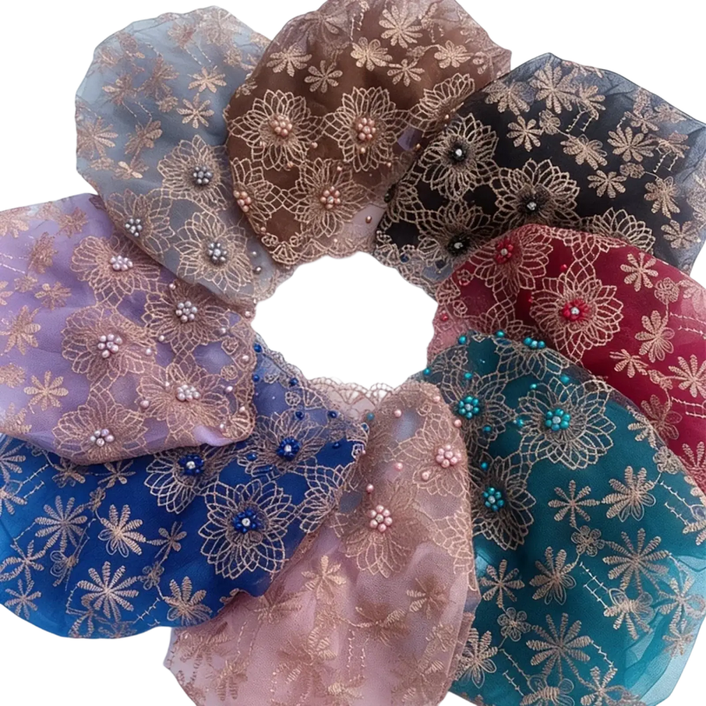 Embroidered beaded lace hijab hats in lavender brown black red blue and teal with sheer floral embroidery and pearls
