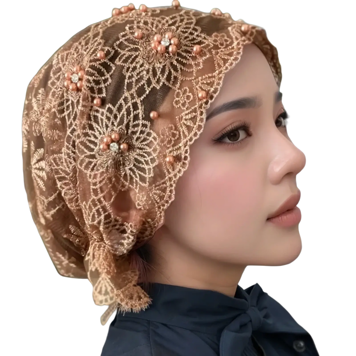 Embroidered beaded lace hijab hat in delicate beige with floral embroidery and pearl embellishments
