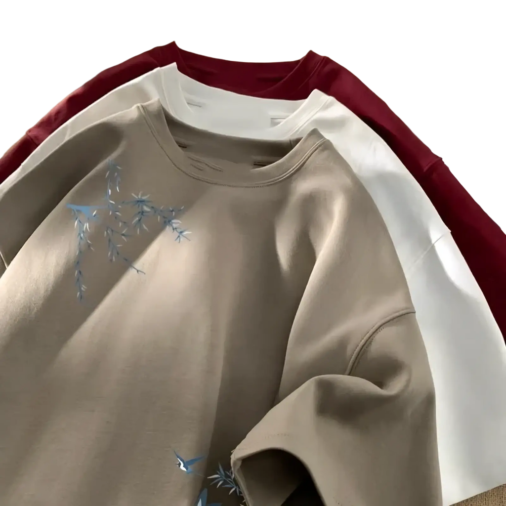 Beige cotton oversized embroidered bird t shirt with light blue bamboo and bird motifs and crewneck design