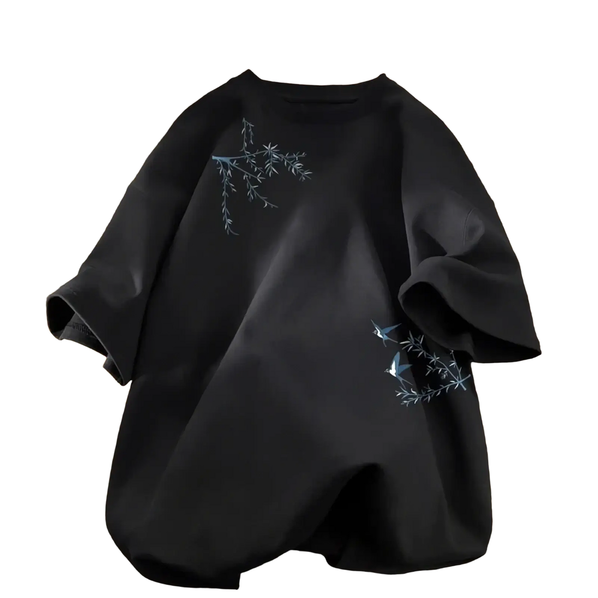 Black oversized cotton t-shirt with delicate light blue embroidered willow branches and birds design
