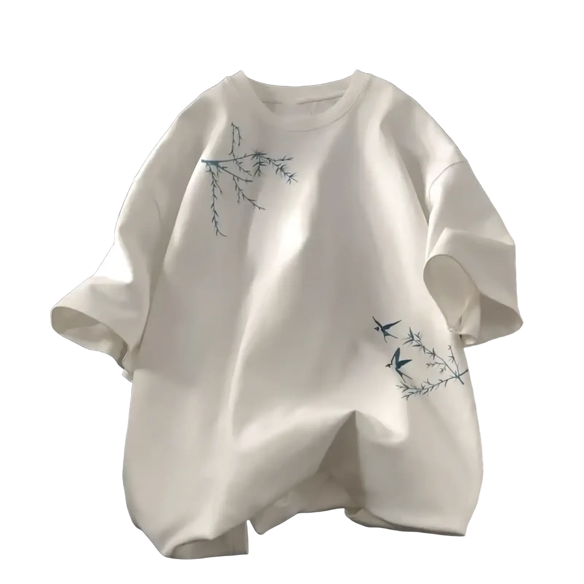 White cotton oversized t-shirt with delicate blue embroidered branches and birds on the front