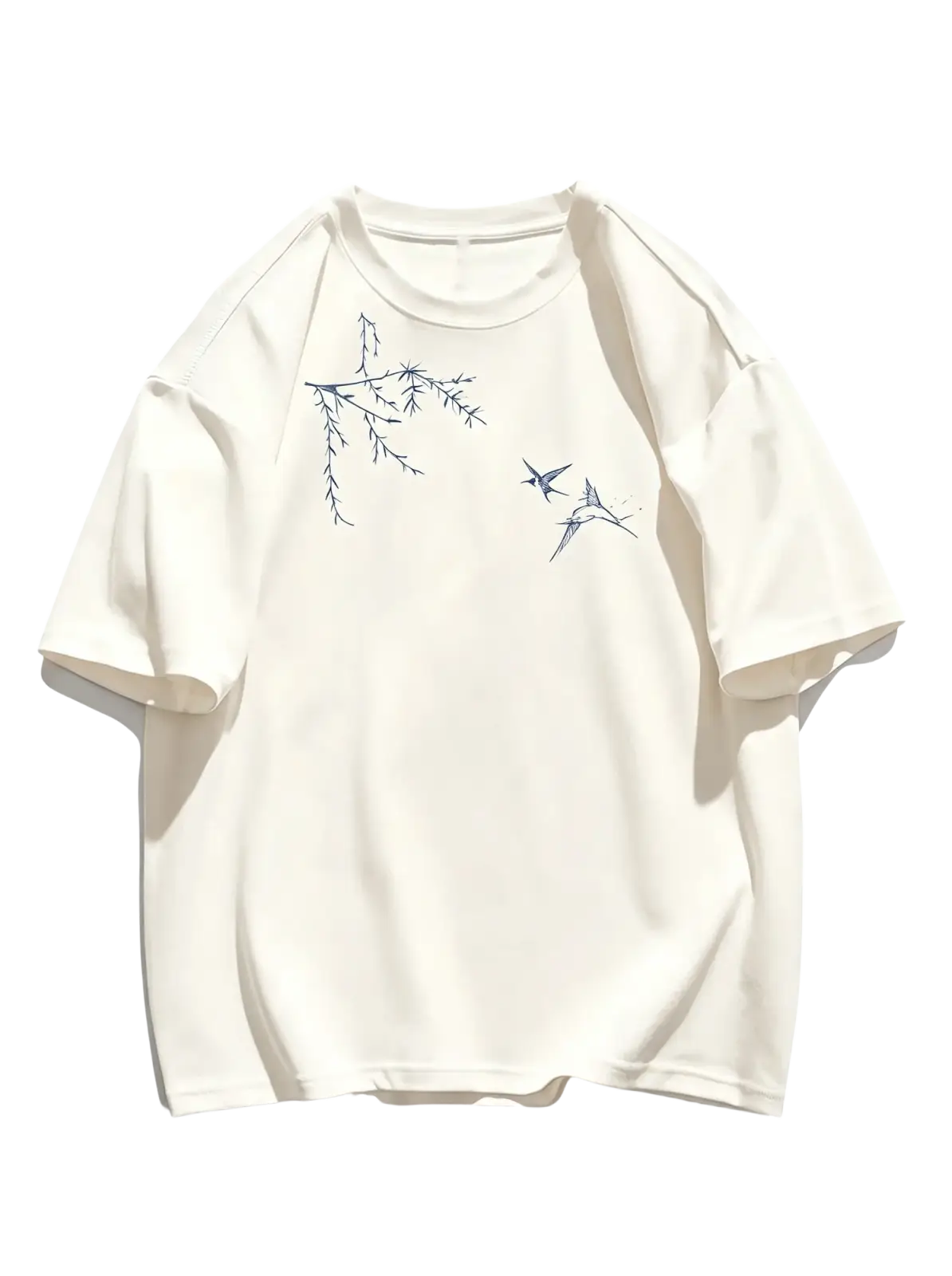Off-white daxzw house embroidered bird cotton oversized t-shirt with delicate navy blue branches and birds design